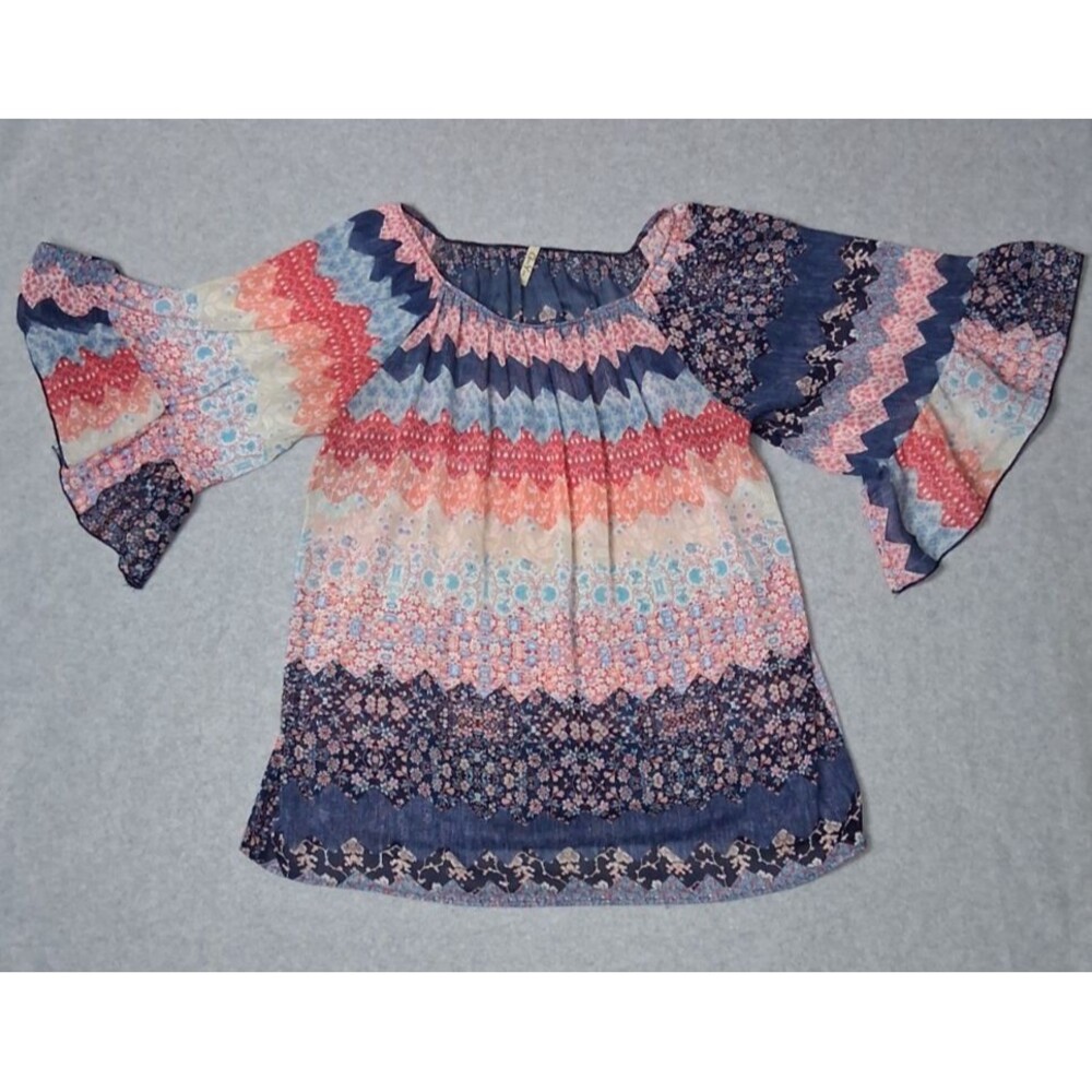 Goo Yoo 3/4 Fluuter Bell Sleeve Semi Sheer Blouse L Multicolor Patchwork Boho